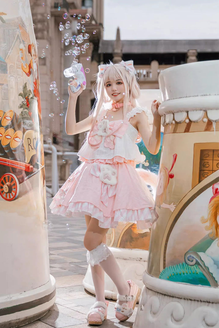 Miss Meow Print Bowknot Skirt Set