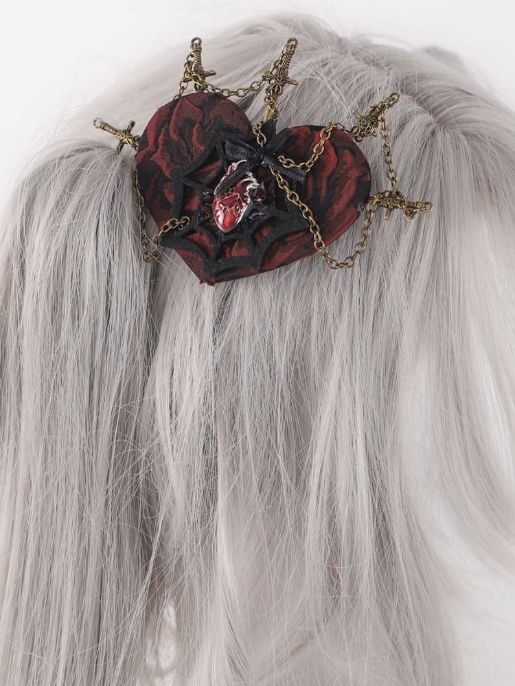 Red Heart Black Spider Web with Swords and Chains Hairclip