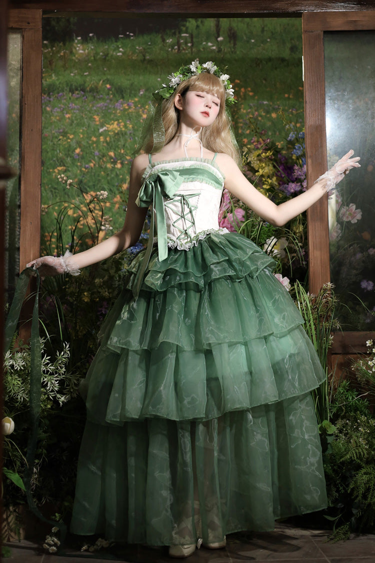 Green Sleeveless Triple-Layered Ruffled Bow Lace-Up Sweet Elegant Lolita Skirt Dress Set - Lily of the Valley in Falling Snow