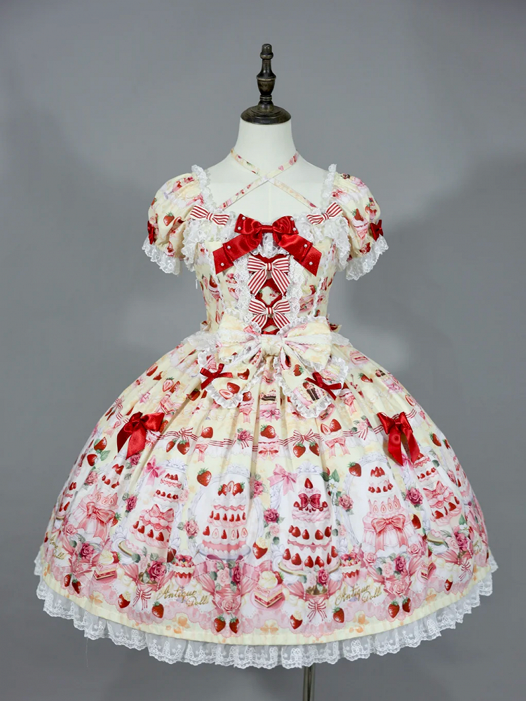 Accents Print Lolita Full Sweet Yellow Cake Bow Set Dress / Strawberry