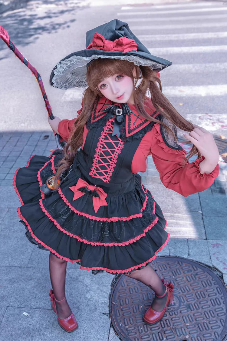 Black Red Showa Cake Sleeveless Triple-Layered Ruffled Bow Lace-Up Witch Gothic Jsk Dress