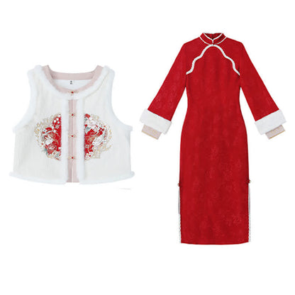 Cute Rabbit Cardigan Vest Split Cheongsam Dress