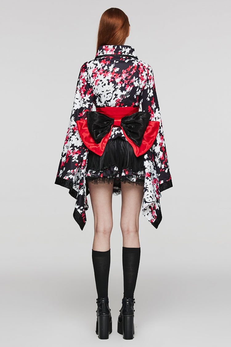 Multicolor Long Sleeves Floral Print Ruffle Gothic Dress with Skirt