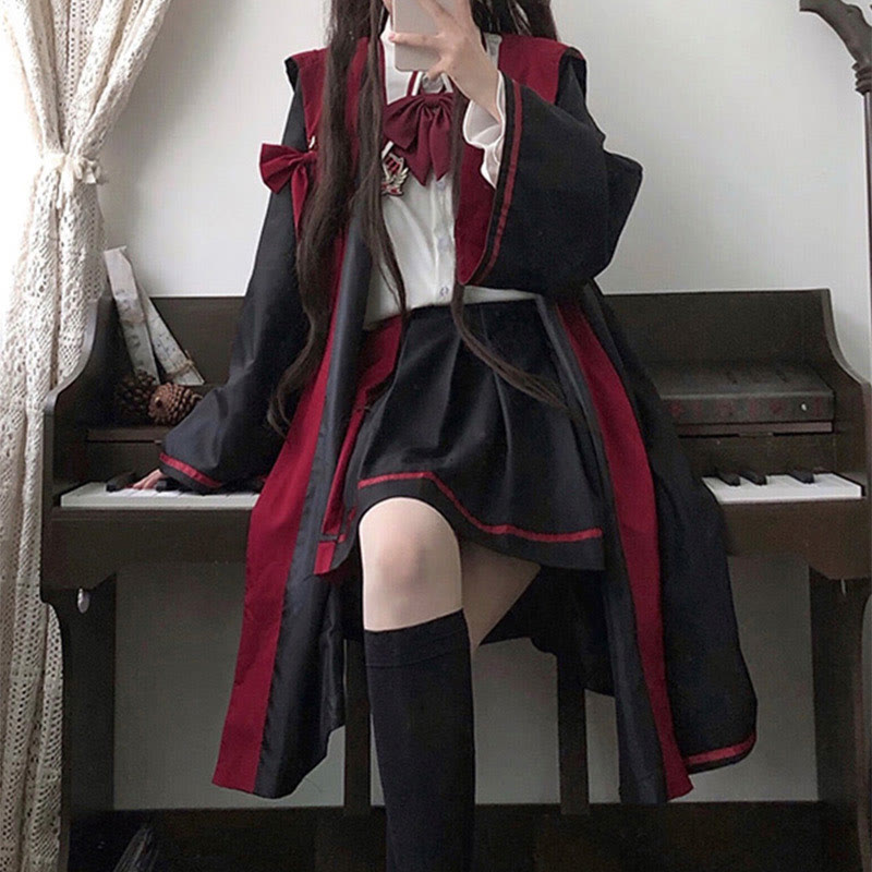 Long Sleeve Shirt Pleated Skirt Hooded Cloak Three Pieces Set