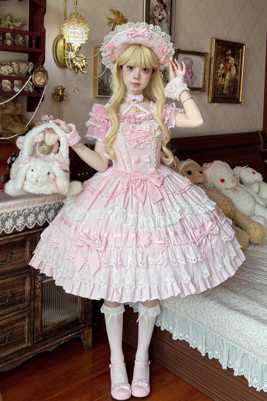 Blush Triple-Tier Ruffle Bow Elegant Lolita JSK - Super Cute Belia
