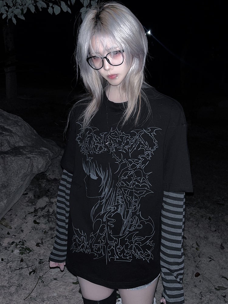 Black Emo Punk Striped Sleeves Graphic T-shirt