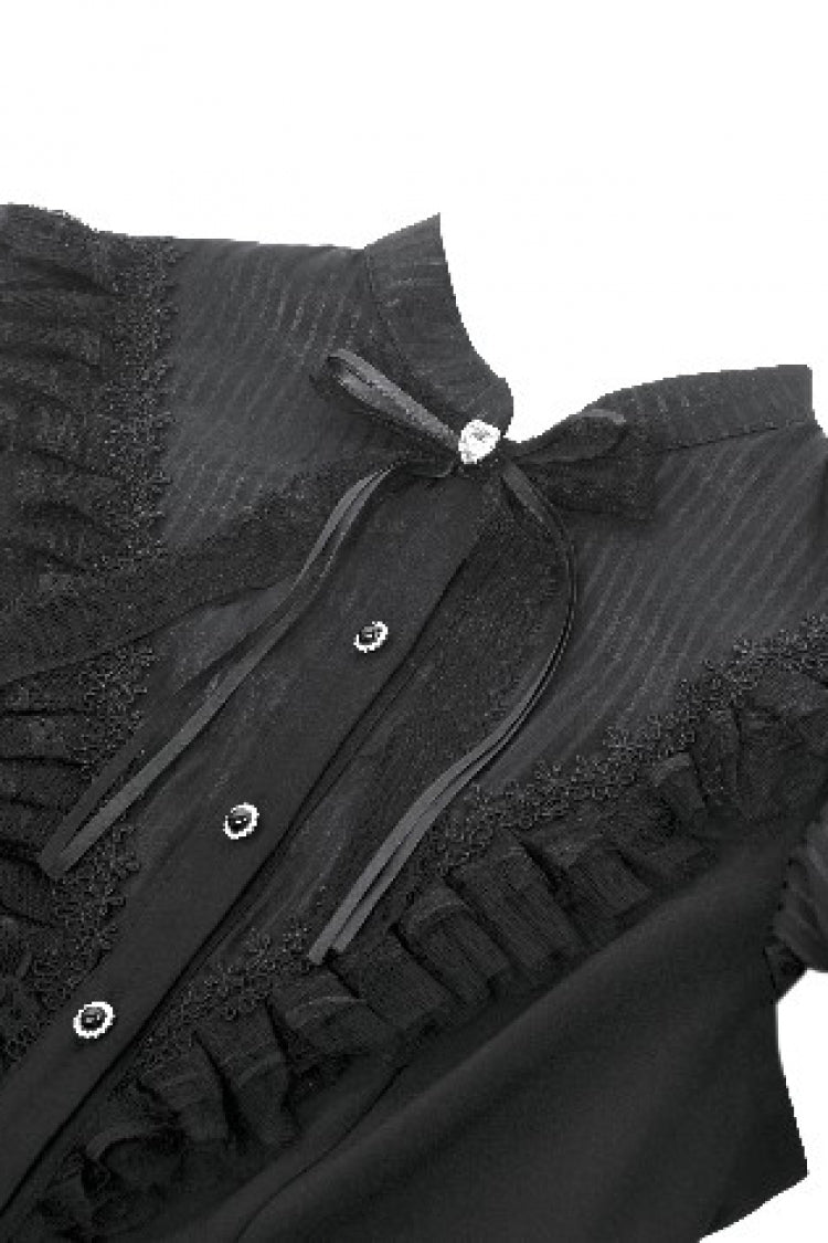 Black Short Sleeves Pleated Bow-Trim Lace Lace-Up Women's Lolita Gothic Dress