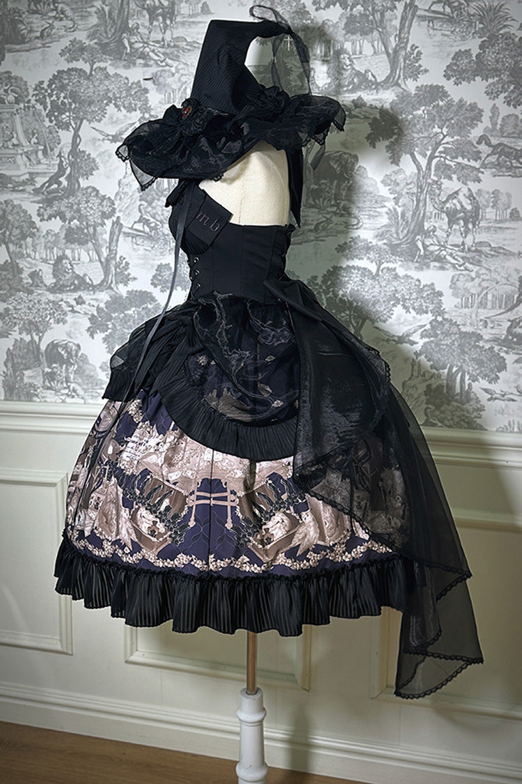 Black Halterneck Print Bowknot Drawstring Gothic Lolita Dress