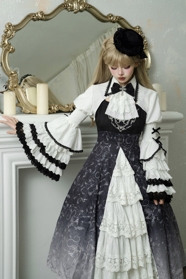 Monochrome Gothic Princess JSK with Bone Print, Ruffled Cardigan, and Lace