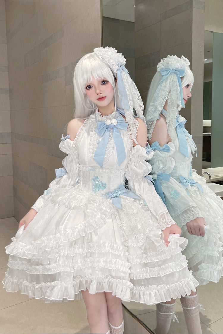 White Detachable Trumpet Sleeve Triple Ruffle Bow Lace Sweet Dress