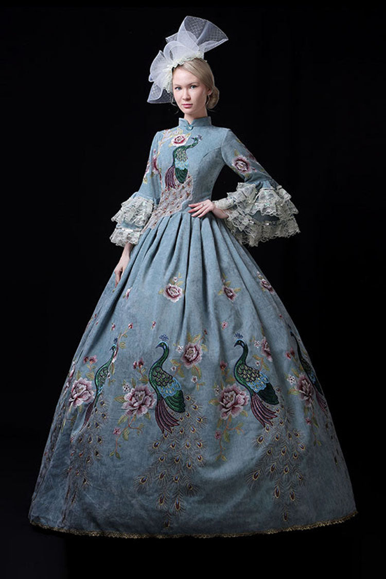 Blue Peacock Embroidery Victorian Gown - Multi-Layer Trumpet Sleeves