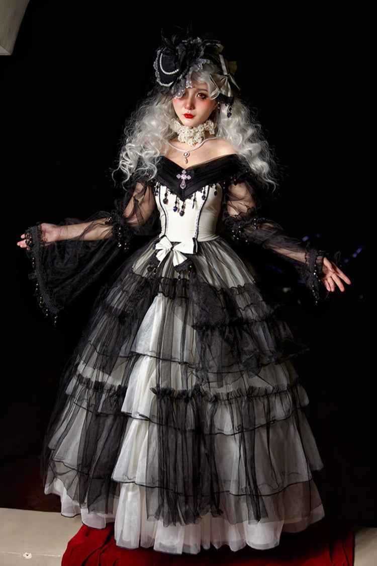 Monochrome Gothic Plus-Size JSK with Lace-Up Front and Hanayome Ruffles - Long