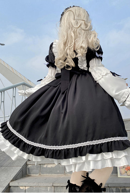 Monochrome Sweet Lolita OP Dress with Detachable Trumpet Sleeves and High Waist