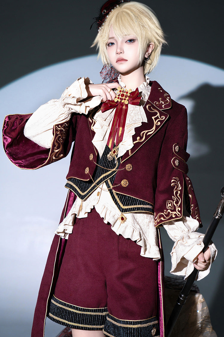 Crimson Royal Heir Embroidery Military Elegant Handsome Ouji Lolita Coat Blouse Shorts Set