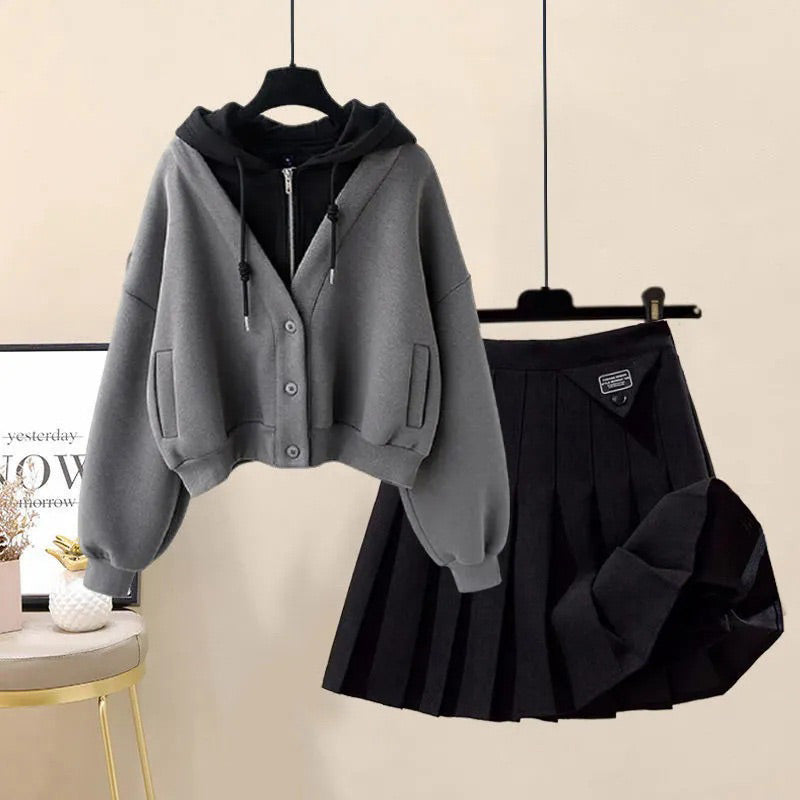 Casual Pocket Hoodie Pleated Skirt Set