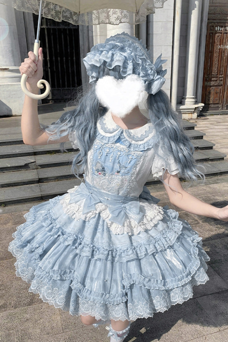 Whale Lapel Collar Short Sleeve Triple Ruffle Embroidered Sweet Lolita Dress