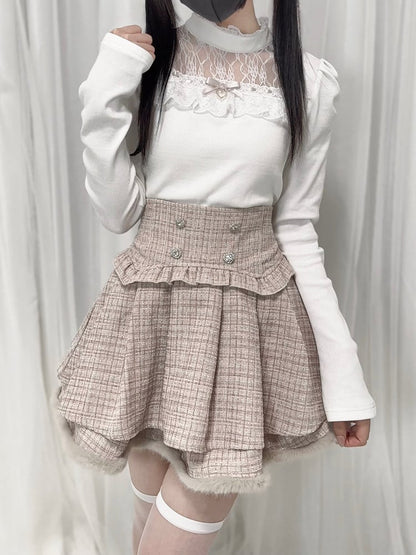 Dusty Pink Tweed High Waist Tiered Skirt Plush Hem