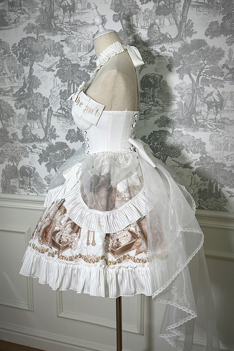 White Halterneck Print Bowknot Drawstring Gothic Lolita Dress
