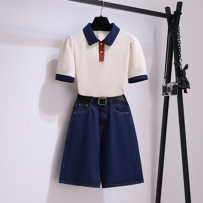 Colorblock Lapel T-Shirt Belted Denim Shorts