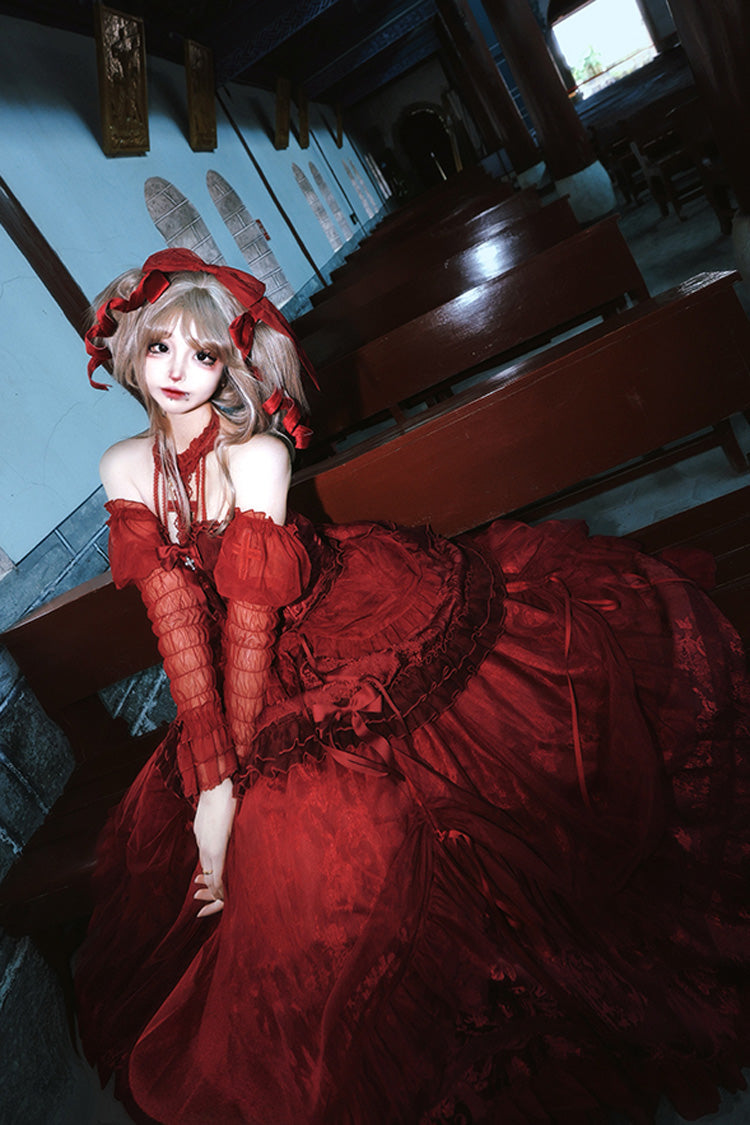 Wine Red Cross Halterneck Ruffle Bowknot Lace Lace-Up Gothic Dress