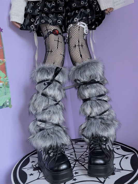 Grey Self-tie Strap Shaggy Plush Leg Warmers