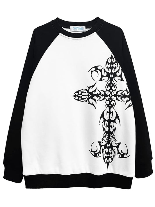 Black and White Colorblock Tattoo Cross Sweatshirt