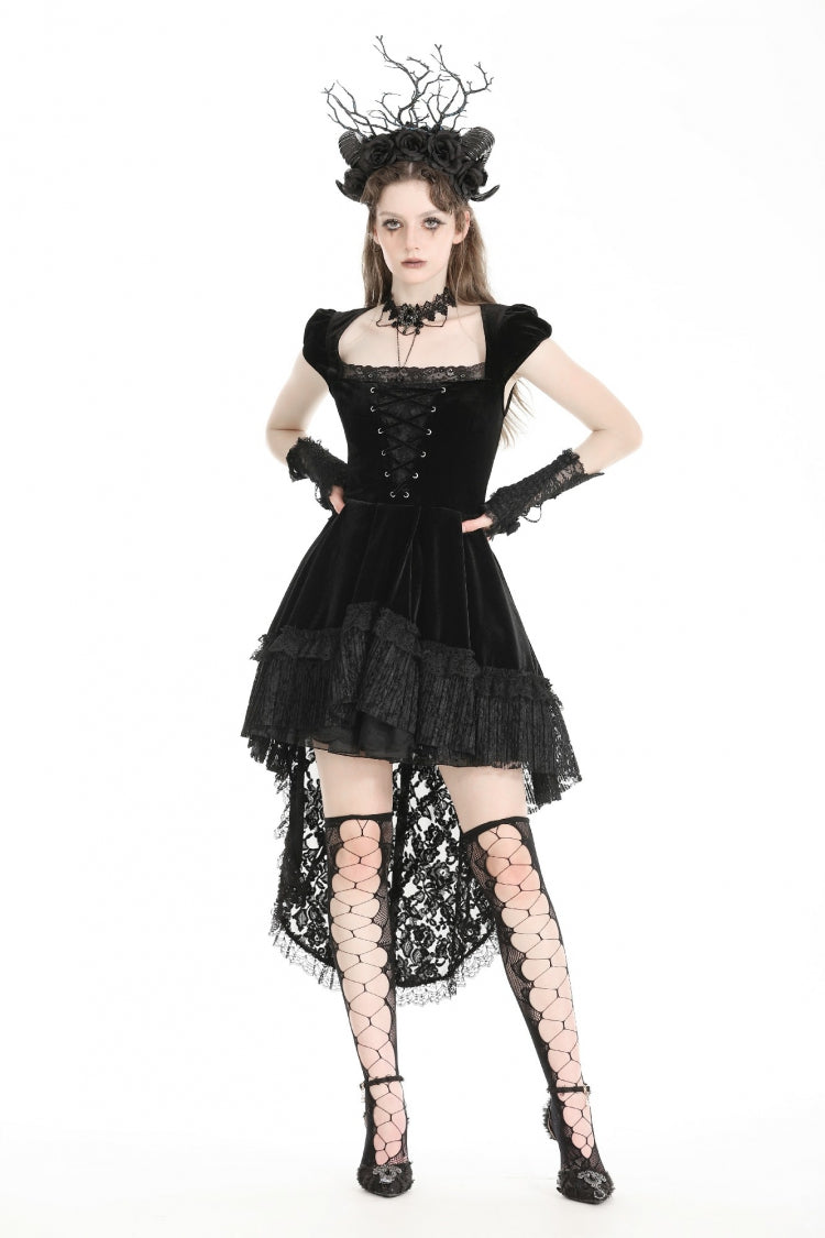 Noir Gothic Velvet Gown with Lace-Up and Square Neckline