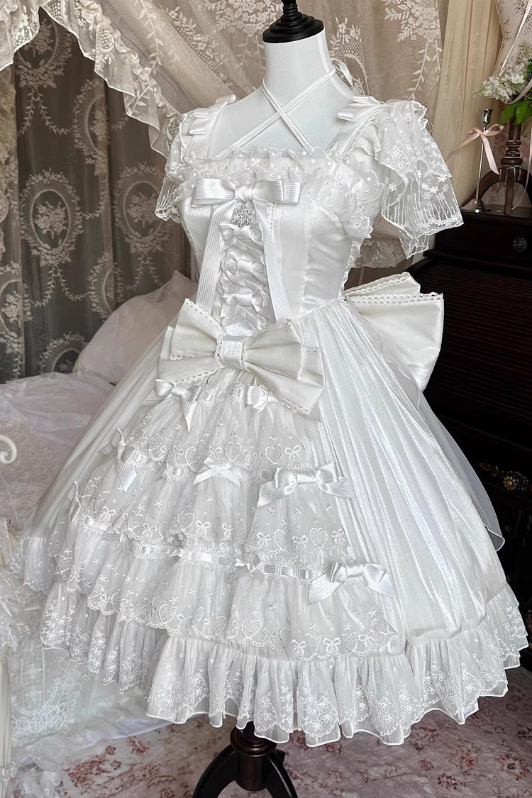 White Pink Snow of Love Ruffled Hanayome Open-Front Bow Lace Sweet Princess Dress