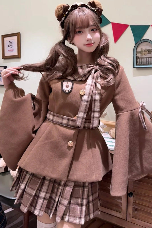 Trumpet-Sleeve Ruffled Bow Elegant Skirt Coat in 2 Colors - Chestnut Sea Salt