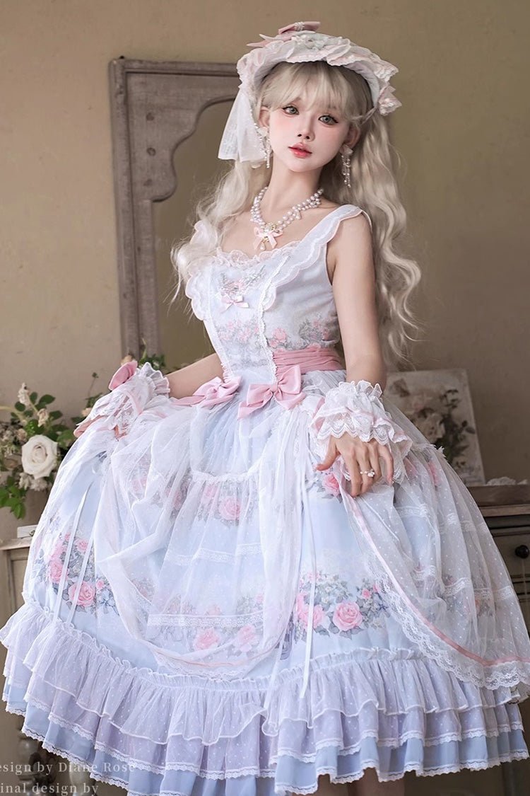 Rose Flower Cage Printed Ruffled Bow Sweet Elegant JSK
