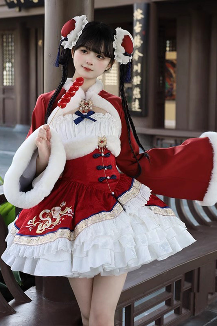 Embroidered Ruffled Bow Sweet Chinese JSK Dress in 2 Colorways
