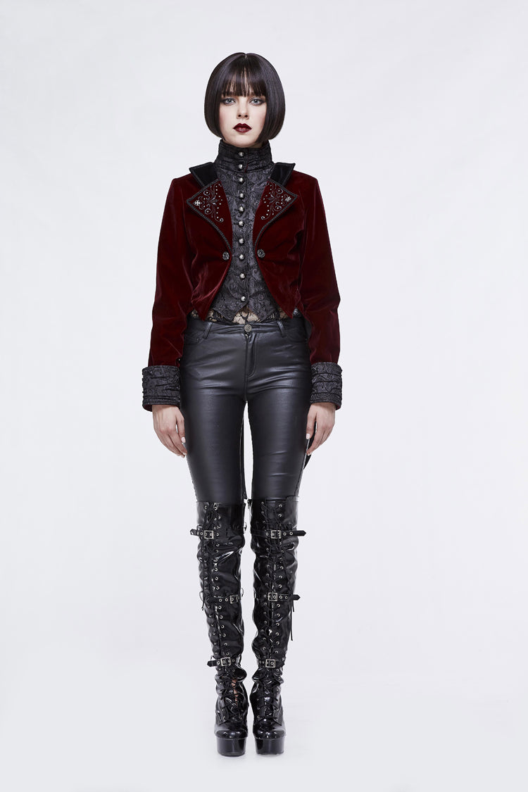 Crimson Noir Brocade Collar Embroidered Metal Stud Velvet Swallowtail Gothic Coat
