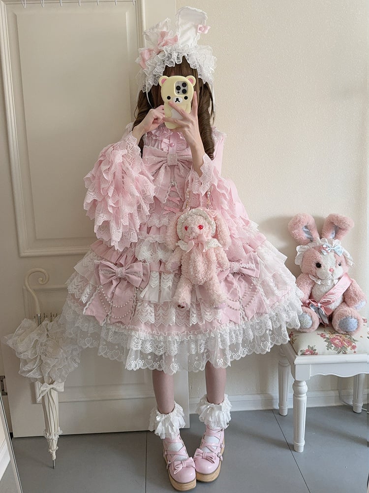 Lolita Dress Pink Bows Bead Big Skirt Chain Hanayome Tiered Decoration