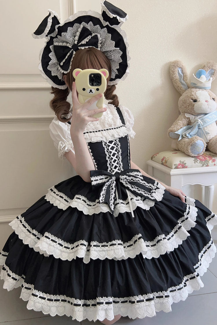Black Maiden Heart Triple Layer Ruffle Bow Lace Sweet Jsk