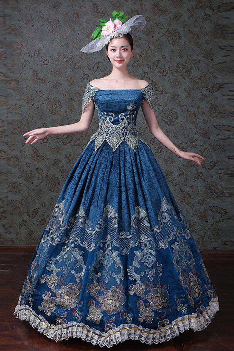 Blue Off-Shoulder Dress with Floral Embroidery - Victorian Lolita