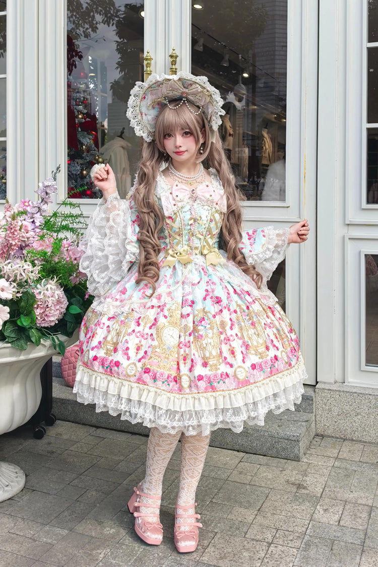 Mint Green/Pink [Rose Garden Prelude] Square Collar Long Trumpet Sleeves Printed Ruffled Bow Lace Lace-Up Sweet Lolita Dress