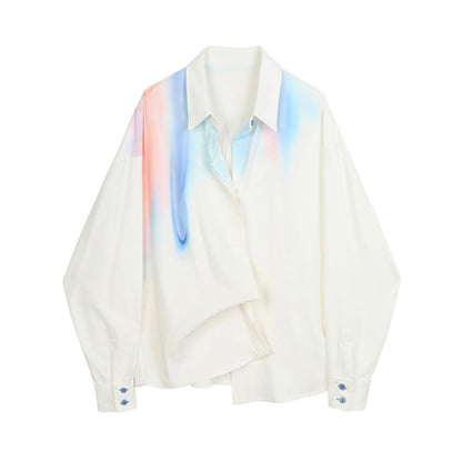 Colorblock Gradient Print Lapel Shirt