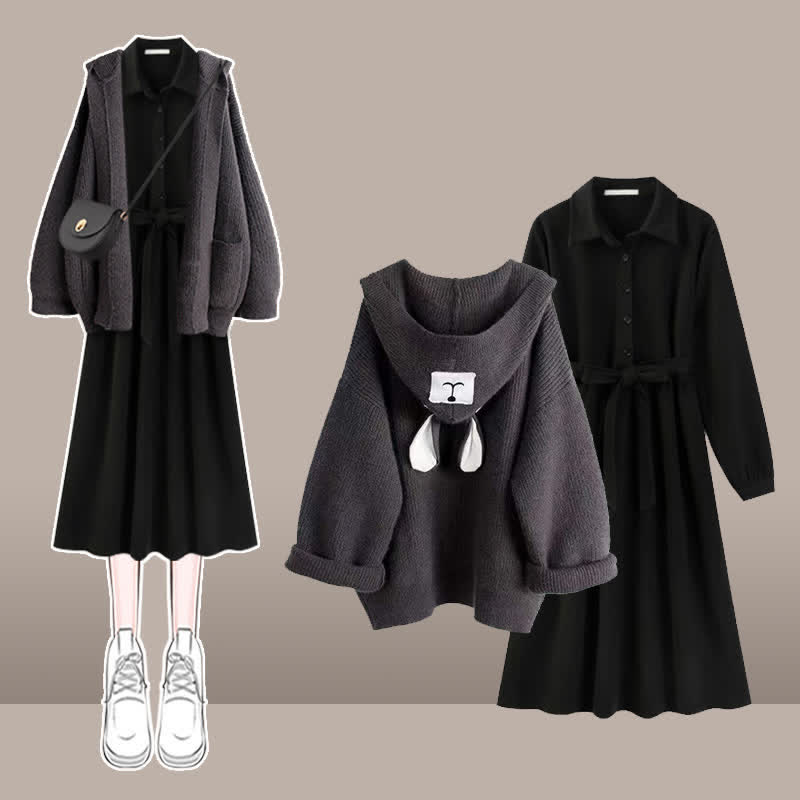 Bear Ears Hooded Cardigan Sweater Belted Lapel Dress