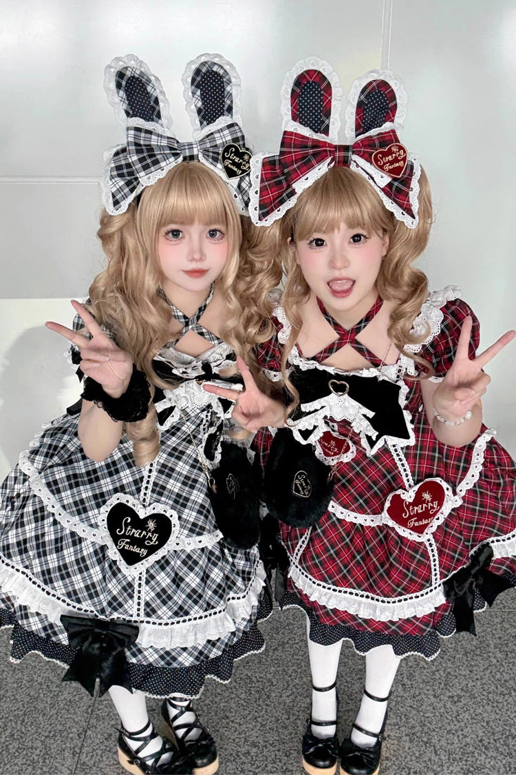 Crimson Shibuya Sweetheart Tartan Print Short Sleeve Frill Bow Sweet Lolita OP Plus Size