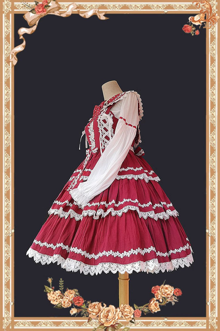 Red and White Three-Tiered Sweet Lolita Dress with Ribbon and Sleeveless