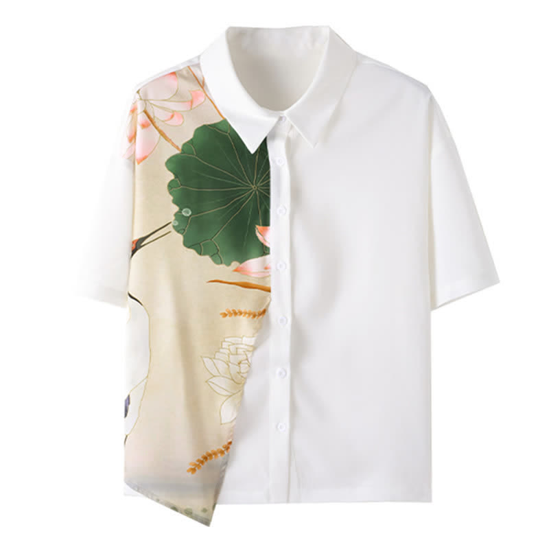 Irregular Lotus Print Short Sleeve Chiffon Lapel Shirt