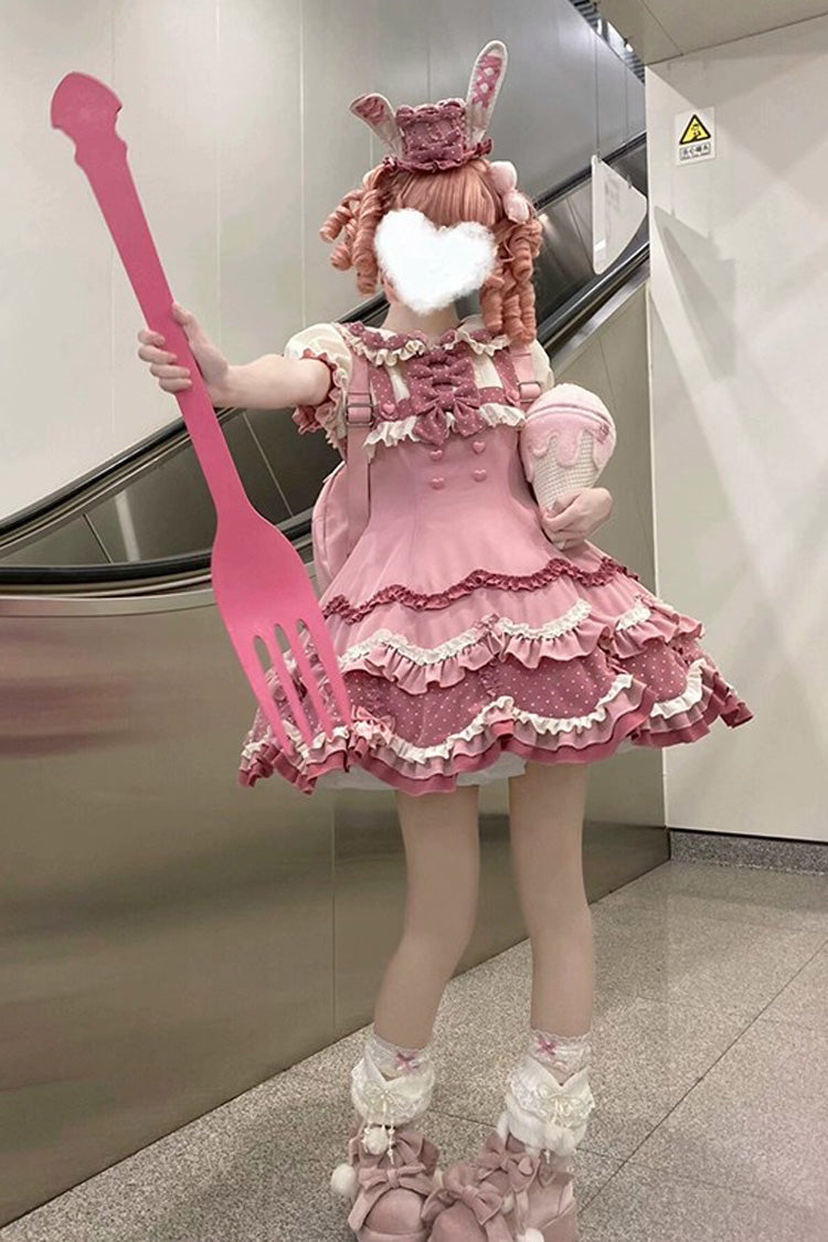 Bunny Parfait Short Sleeve Multi-Layered Ruffled Bow Sweet Lolita Dress - Pink