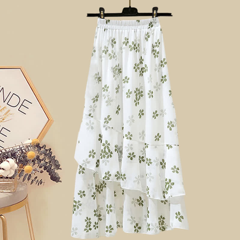 Sqaure Collar Pure Color T-Shirt Floral Print Skirt Set