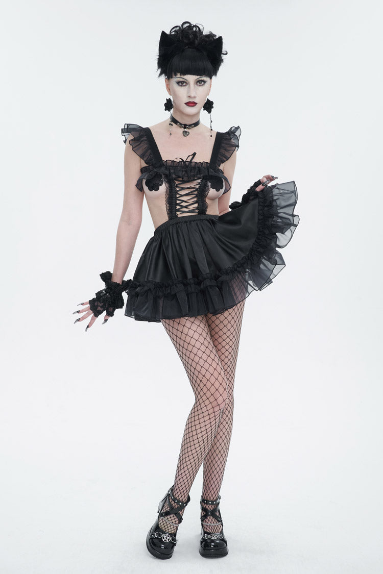 Gothic Glossy Sheer Ruffled Stretch Sexy Maid Dress