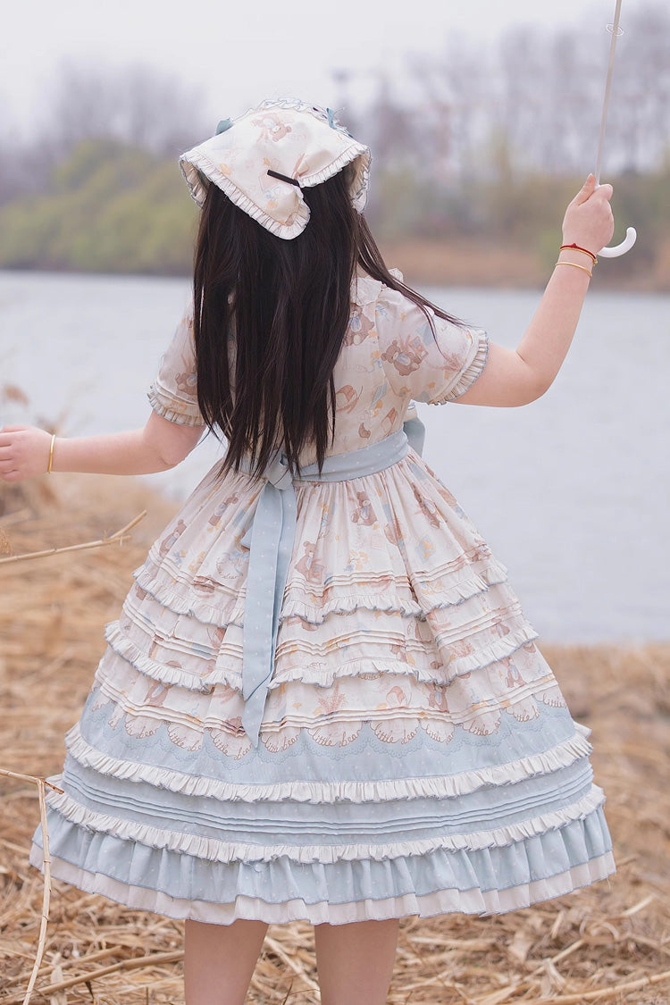 Harvest Bear Print Short Sleeve Layered Ruffle Bow Plus Size Lolita Gown