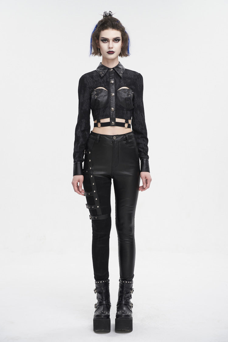 Studded Punk Shirt with Cutout and Turn Down Collar