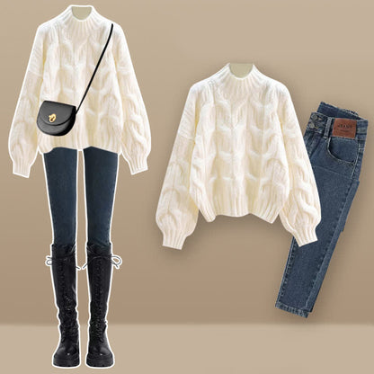 Elegant Pure Color Cable Sweater Plush Pants Set