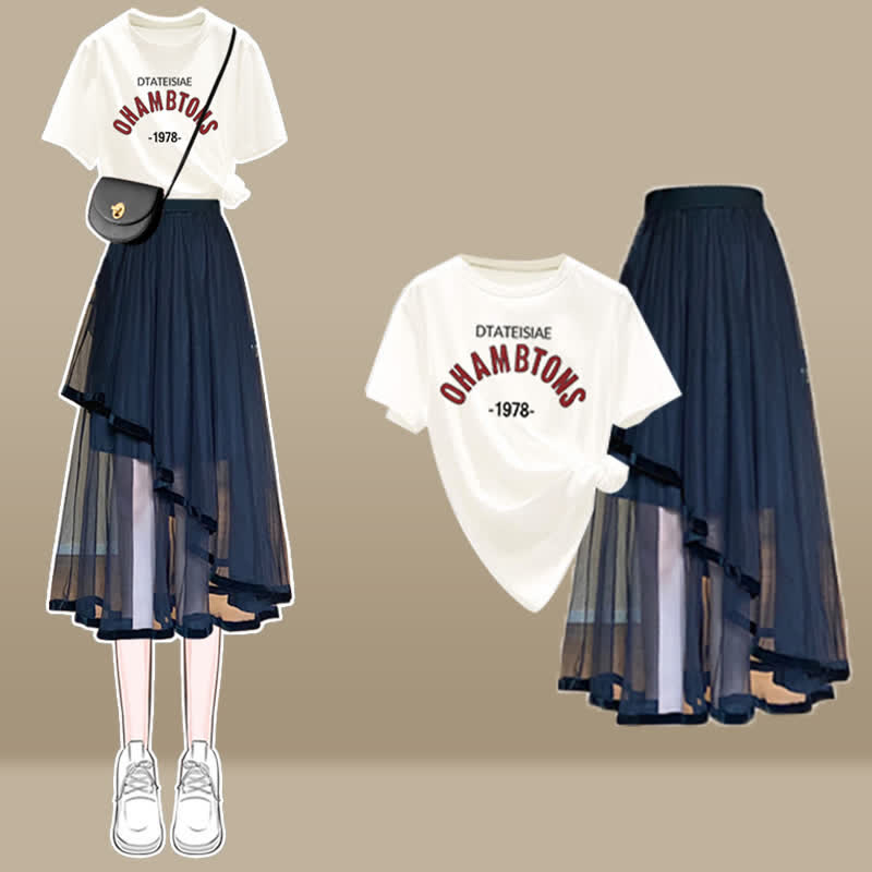 Cartoon Bow Print T-Shirt Irregular Tulle SKirt Set