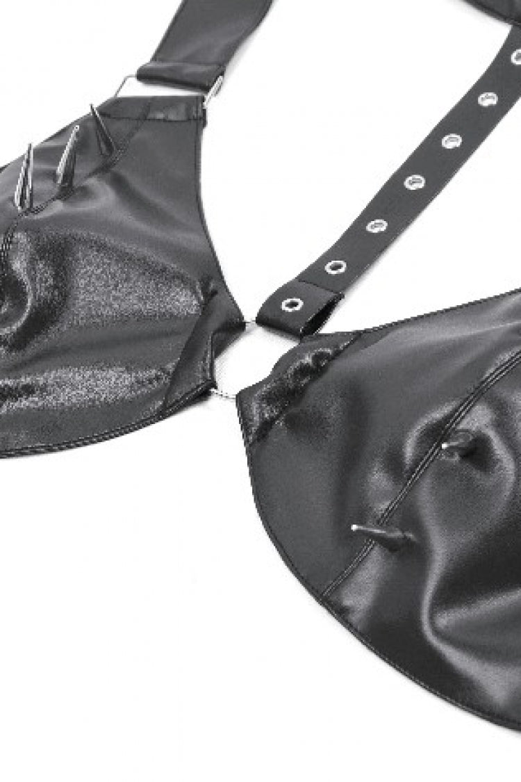 Ebony Studded Faux Leather Punk Corset Crop Top with Adjustable Clasps