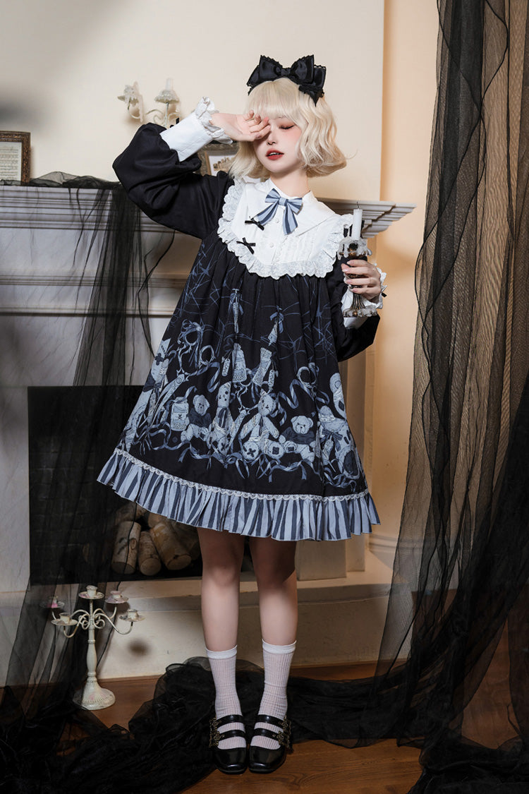 Gothic Lolita Dress with Bandage, Bear Print, Ruffles and Bowknot Lace